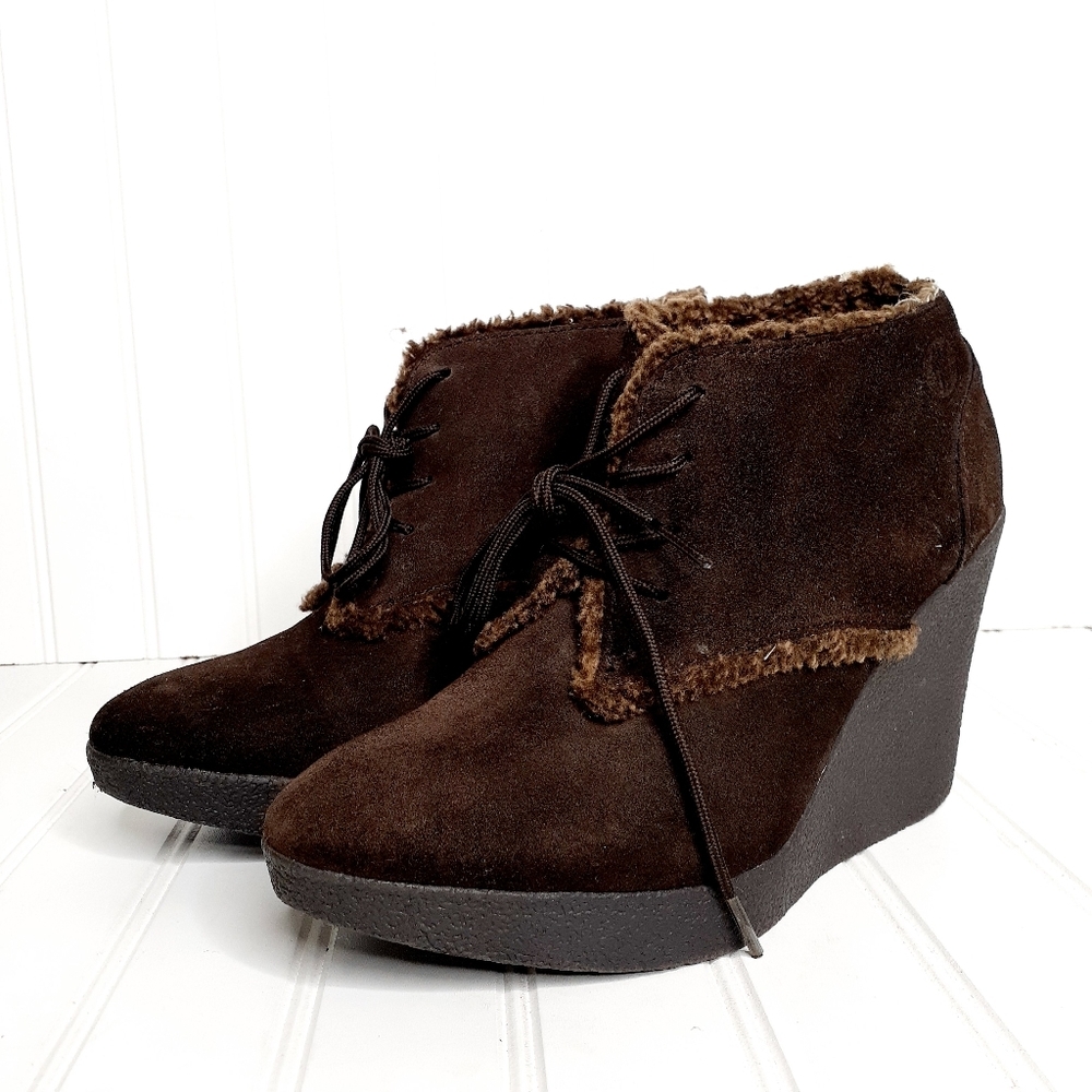 Libby. Edelman Brown Suede Leather Faux-Shearling Lined Wedge Bootie C393